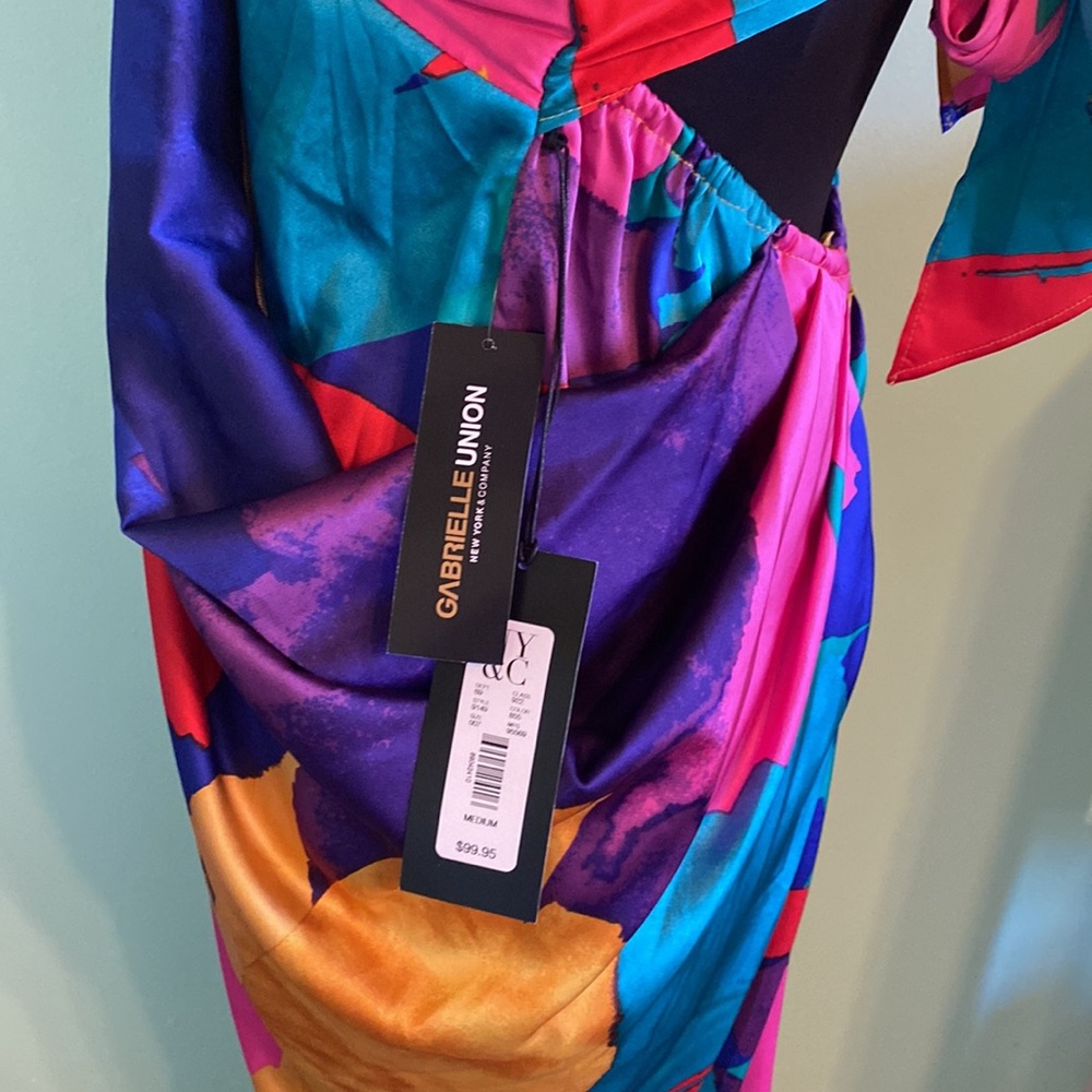 New York & Company Strapless Multicolor Draped Dress - Pink, Blue, Teal, Yellow - Picture 3 of 6